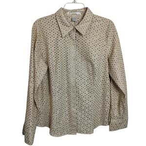 4429)Balinger Gold XL Beige Linen Blend Button Down Golden Eyelet Dress Shirt